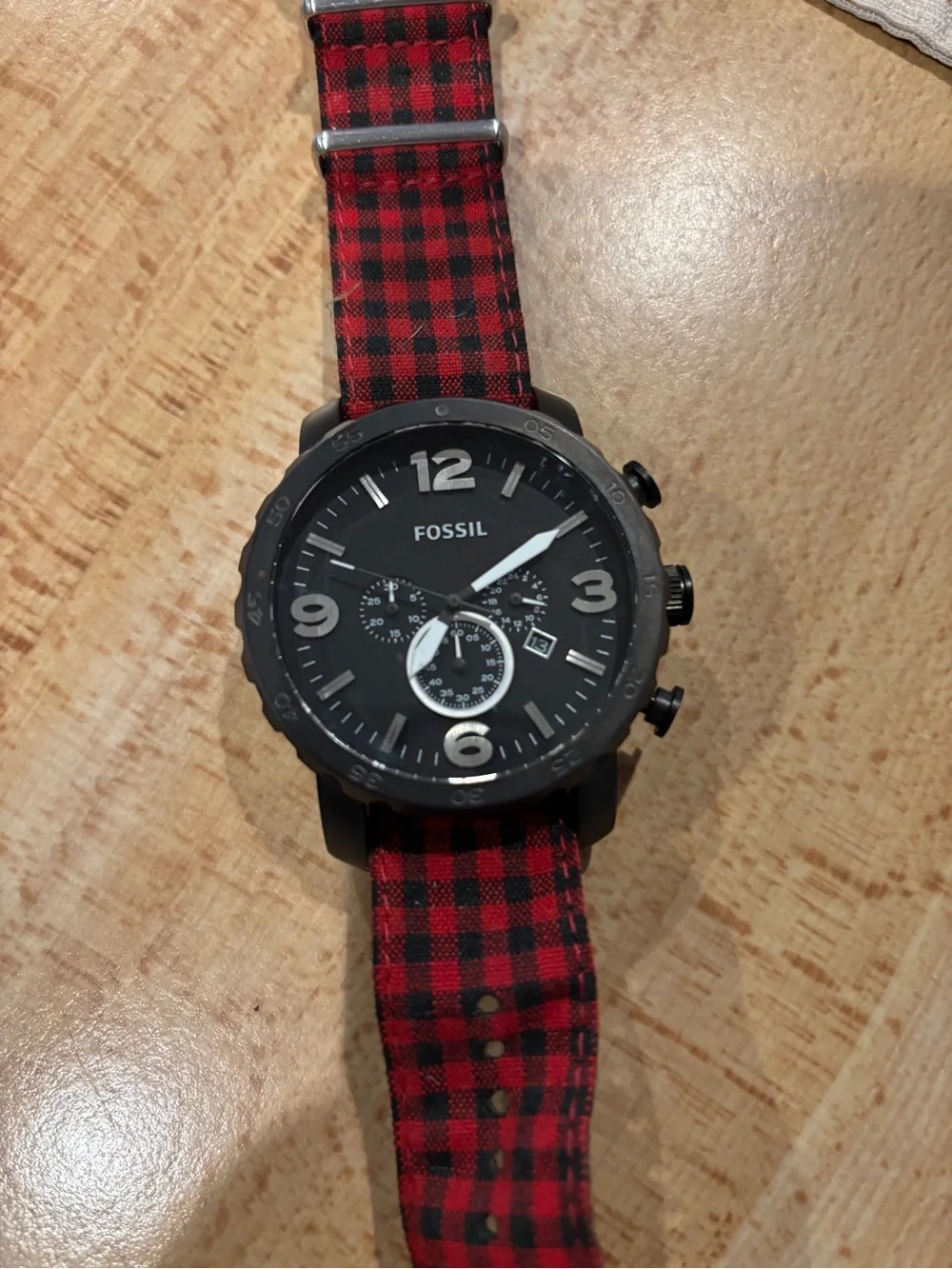 Fossil Black Dial Chronograph Watch with Red and Black Plaid Strap